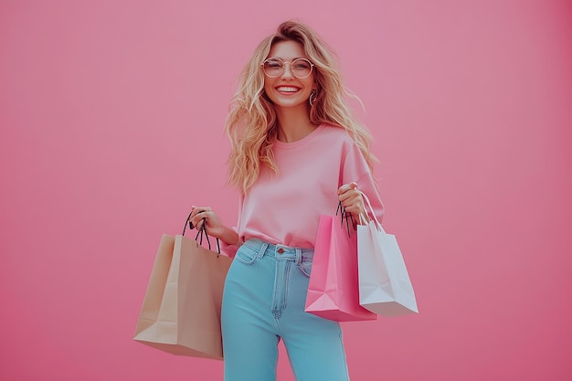 Photo photography of beautiful young happy woman with shopping bags