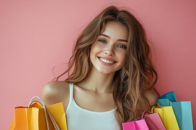 Photo photography of beautiful young happy woman with shopping bags