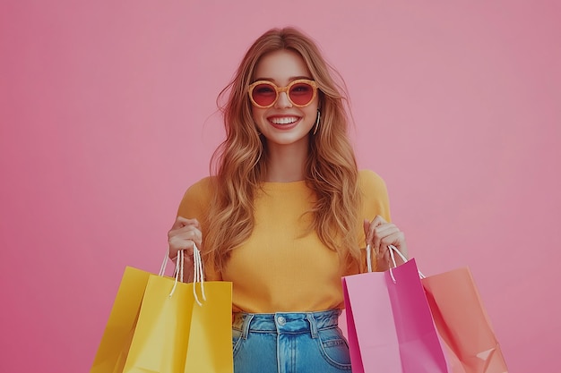 Photo photography of beautiful young happy woman with shopping bags