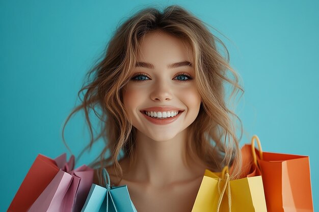 Photo photography of beautiful young happy woman with shopping bags