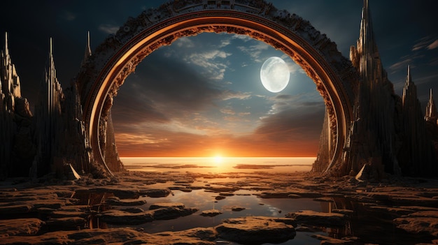 A photography capture of a fantasy landscape with a portal archway AI Generative