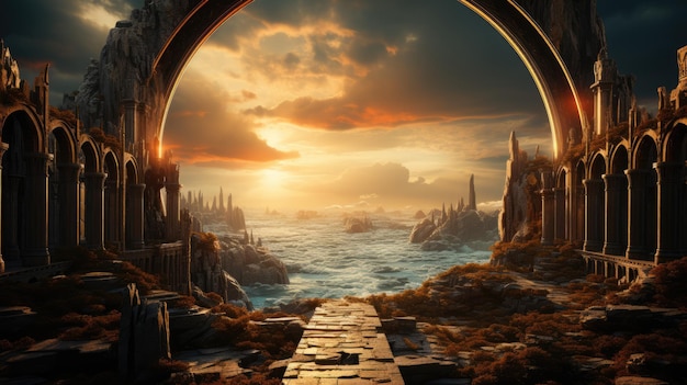 A photography capture of a fantasy landscape with a portal archway AI Generative