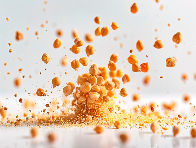 photography of CHICKPEAS falling from the sky hyperpop colour scheme glossy Chickpeas is flying in the air Chickpeas and white plate isolated on white background Creative concept cooking food