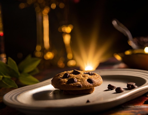 photography of choco chip food served at a table with cool lighting