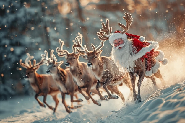 photography of christmas santa and Reindeer flying background