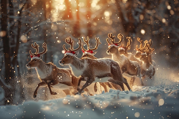 photography of christmas santa and Reindeer flying background