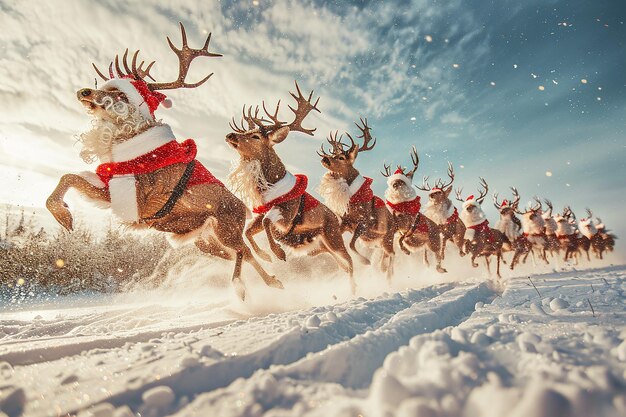 Photo photography of christmas santa and reindeer flying background