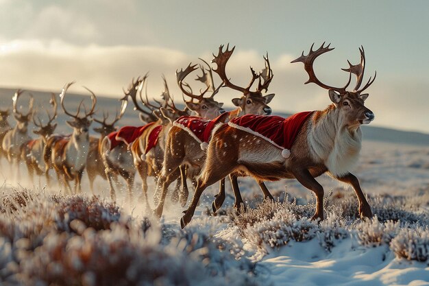 Photo photography of christmas santa and reindeer flying background