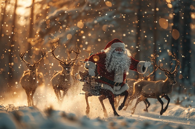 photography of christmas santa and Reindeer flying background