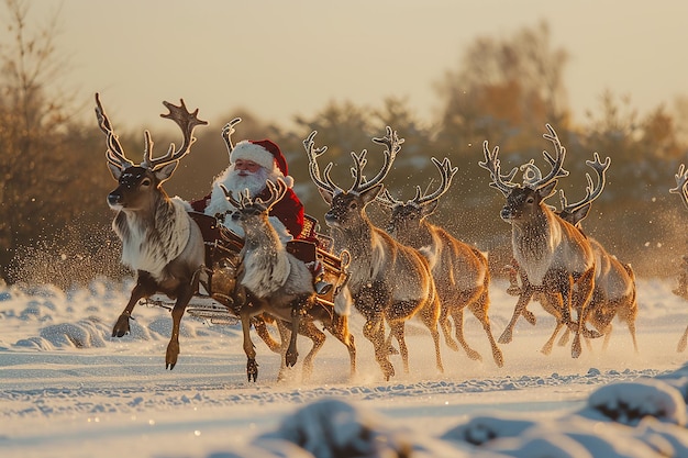 Photo photography of christmas santa and reindeer flying background