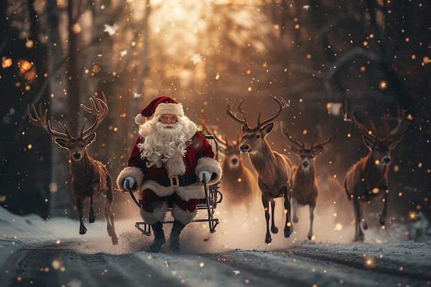 photography of christmas santa and Reindeer flying background