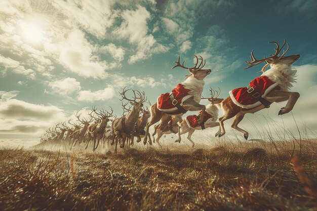 Photo photography of christmas santa and reindeer flying background