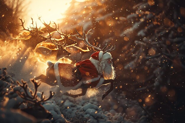 Photo photography of christmas santa and reindeer flying background