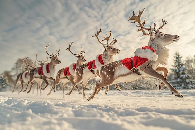 Photo photography of christmas santa and reindeer flying background