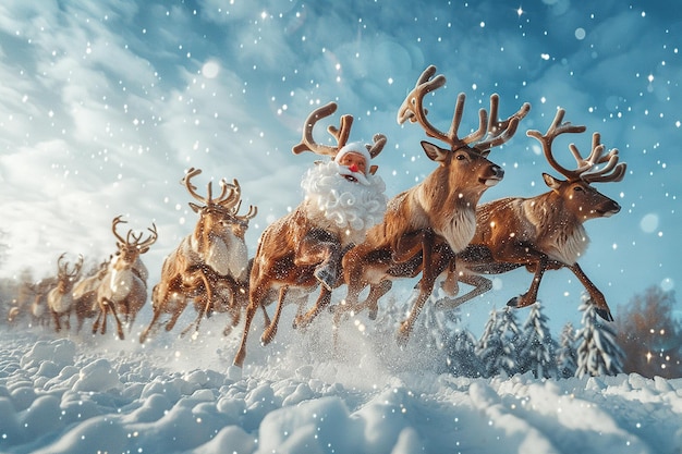 photography of christmas santa and Reindeer flying background