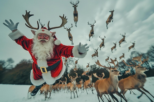 Photo photography of christmas santa and reindeer flying background