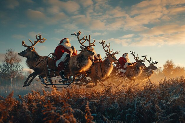 Photo photography of christmas santa and reindeer flying background