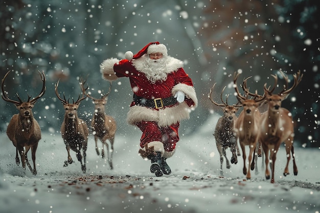 photography of christmas santa and Reindeer flying background