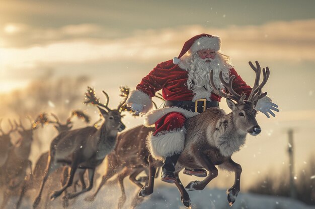 photography of christmas santa and Reindeer flying background