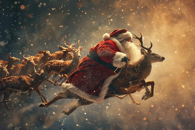 Photo photography of christmas santa and reindeer flying background