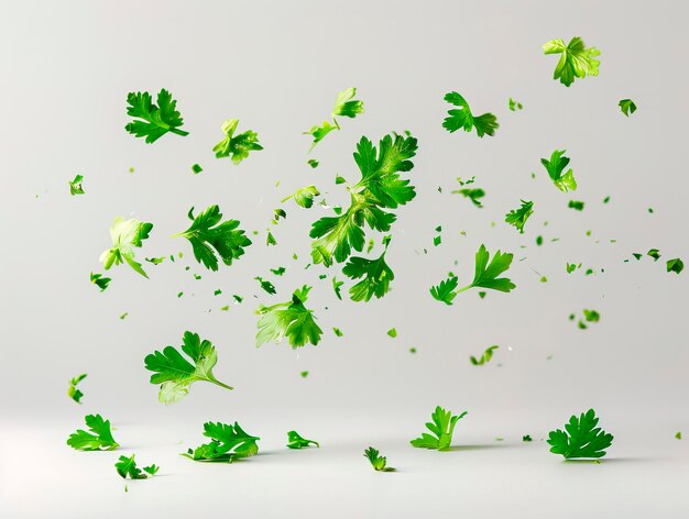 Photo photography of cilantro falling from the sky hyperpop colour scheme glossy white background parsley isolated on white background clipping path full depth of field