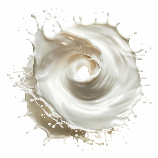 Photography of circular creamy coconut milk splash swirl shredded coconut floating isolated white background