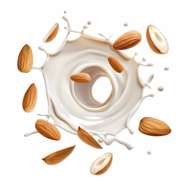 Photography of circular smooth almond milk splash swirl almonds floating isolated white background