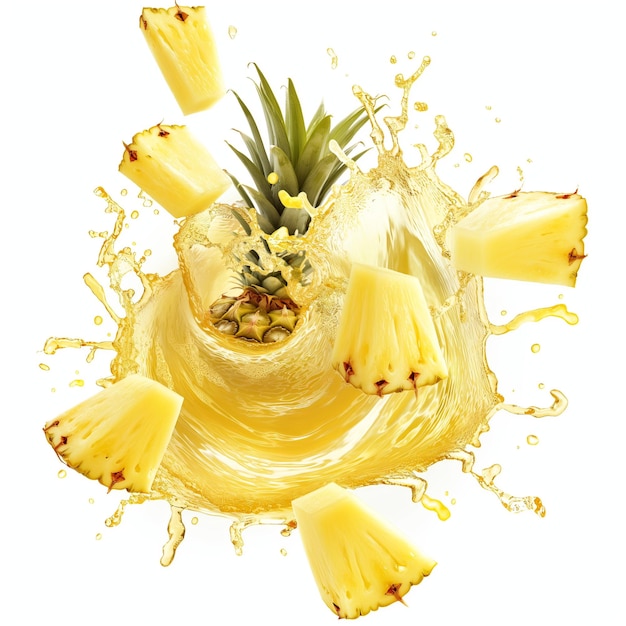 Photography of circular tropical pineapple juice splash swirl pineapple chunks floating isolated white background