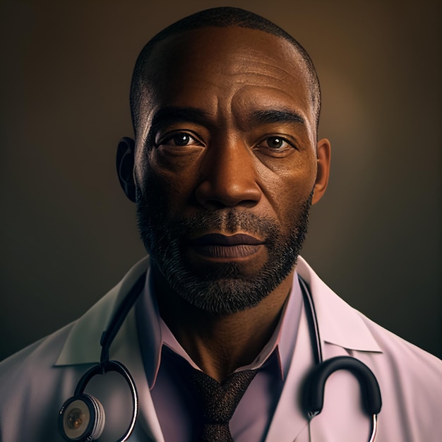 photography closeup black man doctor 35 years old serious small smile a white coat