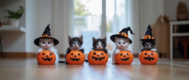 Photo on a photography concept with copy space for text cute halloween cats dressed in adorable costumes hold tiny jackolantern pumpkins