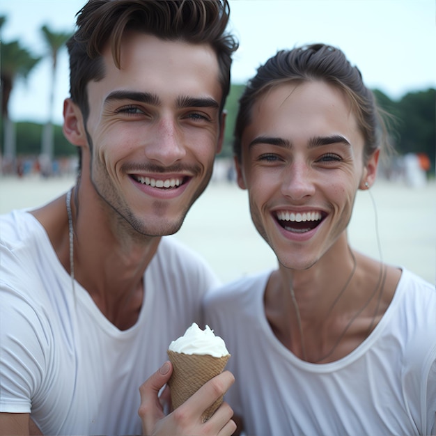 Photography of a couple in summer smiling with an ice cream