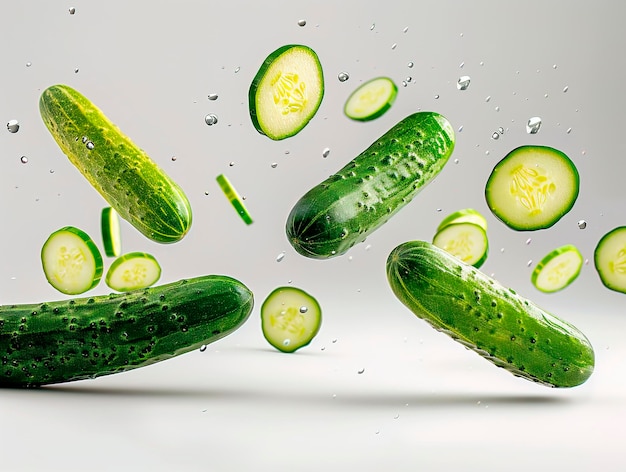 photography of CUCUMBERS falling from the sky hyperpop colour scheme glossy white background