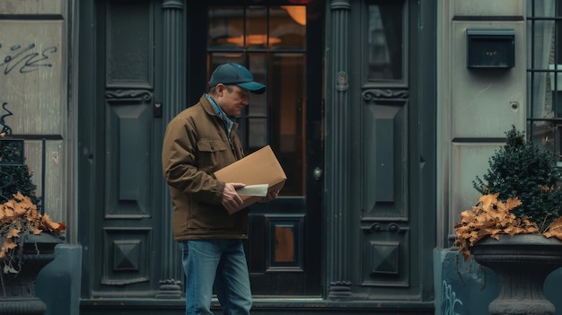 Photo photography of delivery man with package in front of door of bulding in new york