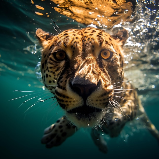 Photography of an exotic cheetah swimming underwater