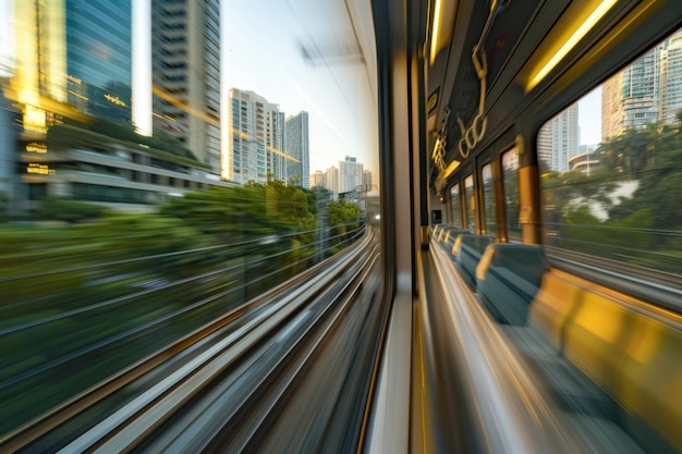 Photo photography of the exterior view from inside an electric train passing through city streets