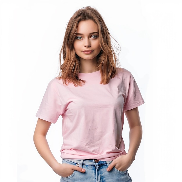 Photo photography of fashion woman pink casual tshirt mockup