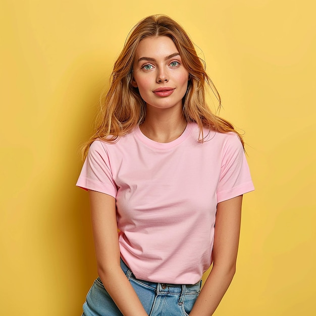 photography of fashion woman pink casual tshirt mockup