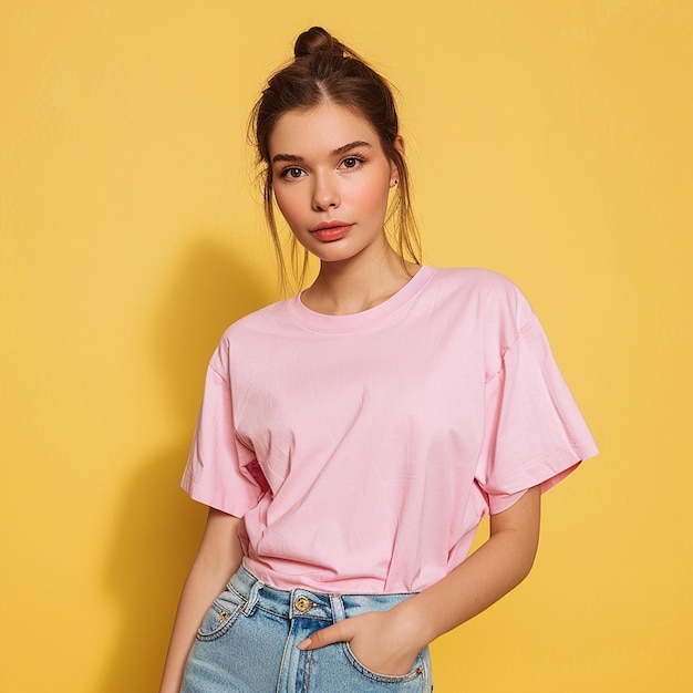 photography of fashion woman pink casual tshirt mockup