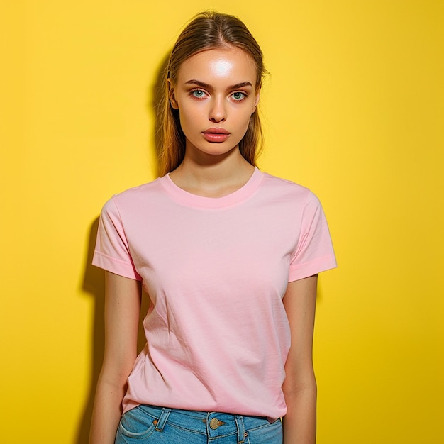 photography of fashion woman pink casual tshirt mockup