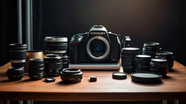 Photography gear neatly arranged on a table ideal for creative studio or workspace setup