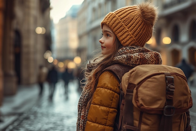 photography of happy travelling young girl with backpack