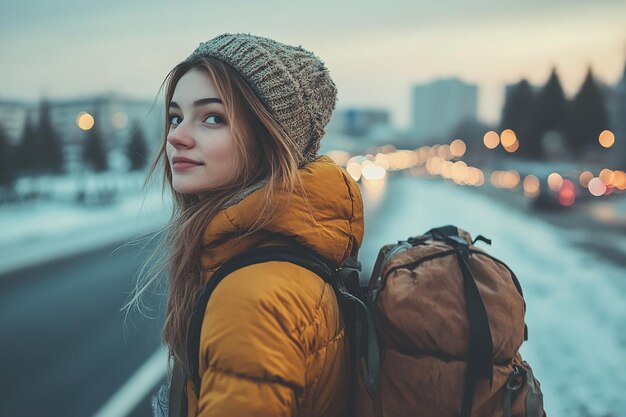 Photo photography of happy travelling young girl with backpack