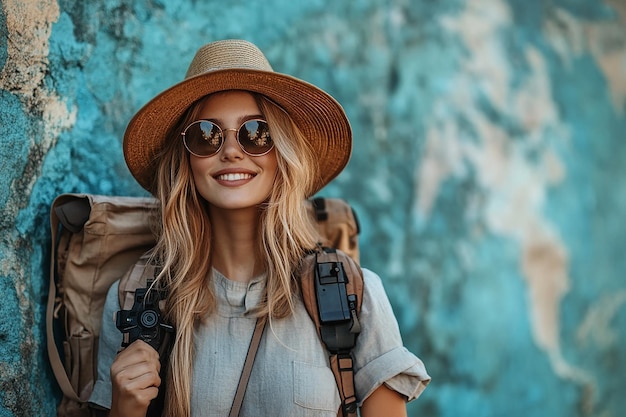 Photo photography of happy travelling young girl with backpack