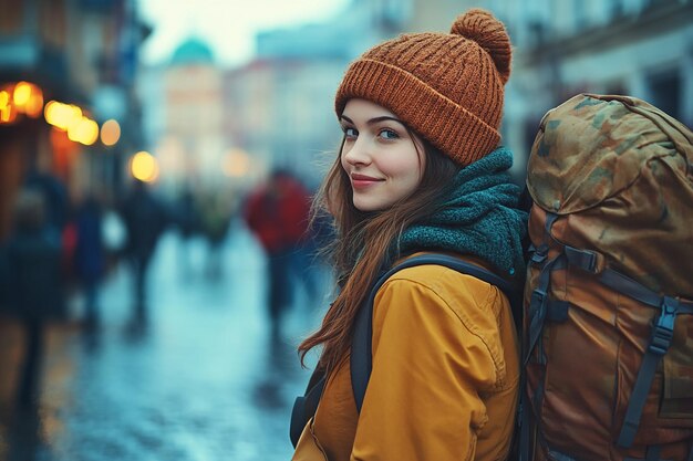 Photo photography of happy travelling young girl with backpack