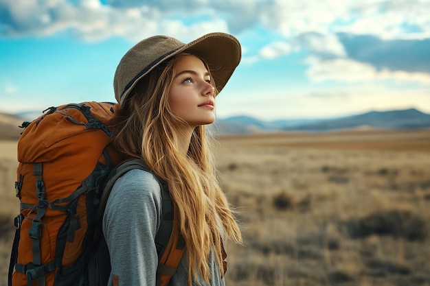 photography of happy travelling young girl with backpack