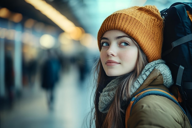 photography of happy travelling young girl with backpack