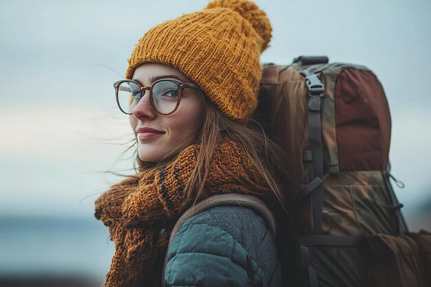 Photo photography of happy travelling young girl with backpack