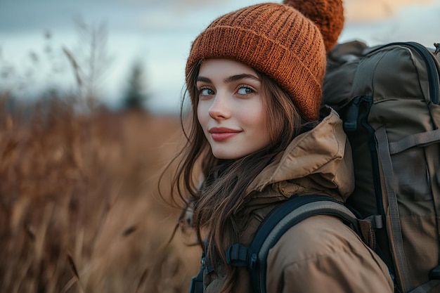 photography of happy travelling young girl with backpack