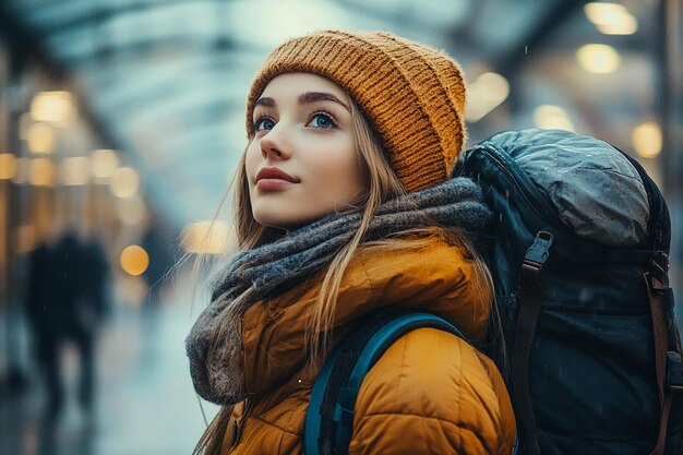 Photo photography of happy travelling young girl with backpack