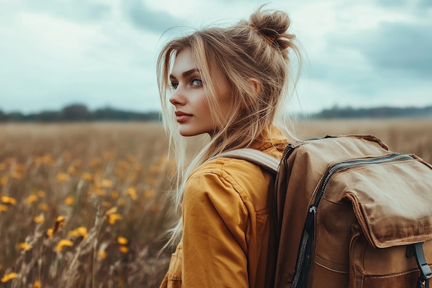 photography of happy travelling young girl with backpack